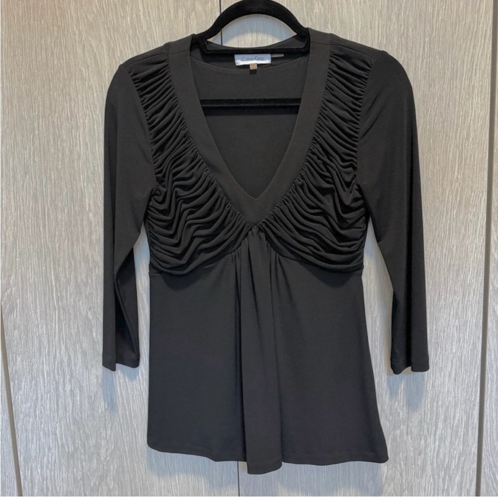 Calvin Klein Black Ruched V-Neck Blouse, Size Small